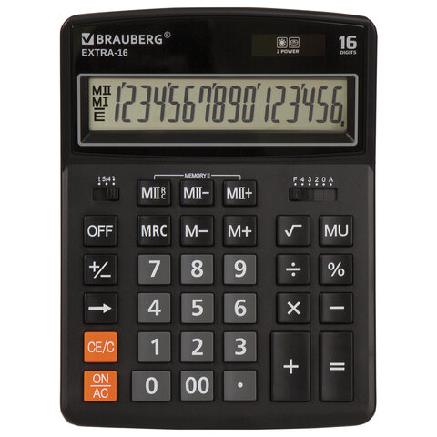 Калькулятор настольный BRAUBERG EXTRA-16-BK 206x155мм, 16разрядов, двойное питание ЧЕРНЫЙ