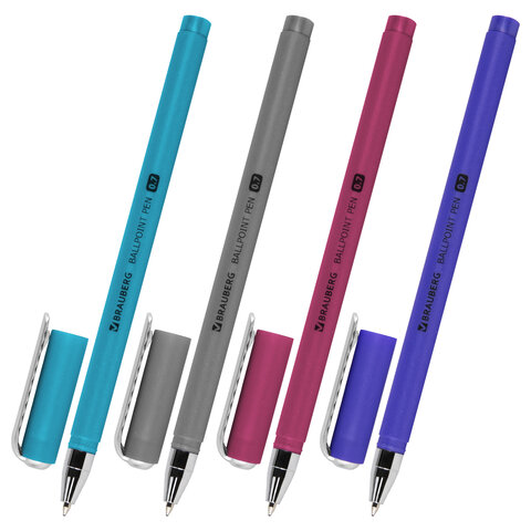 Ручка шариковая BRAUBERG SOFT TOUCH STICK METALLIC, синяя, мягкое покрытие, корпус ассорти, узел 0,7