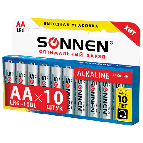 Батарейка пальчиковая R6 SONNEN Alkaline LR6.15A алкалиновая, комплект 10шт,  ЦЕНА ЗА КОМПЛЕКТ