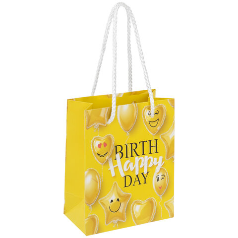 Пакет подарочный 11,4x6,4x14,6см ЗОЛОТАЯ СКАЗКА "Happy Birthday", глиттер, желтый