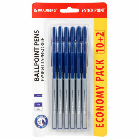 Ручки шариковые с грипом BRAUBERG "i-STICK POINT", НАБОР 10+2 шт СИНИЕ, линия письма 0,35мм, блистер