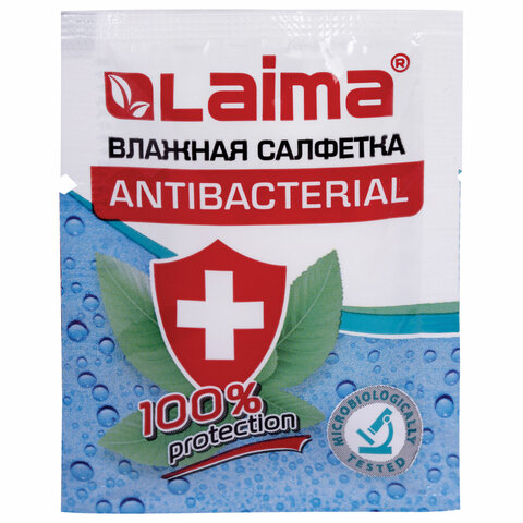 Влажная салфетка антибактериальная в индивидуальной упаковке саше, LAIMA WET WIPE, 13х17см