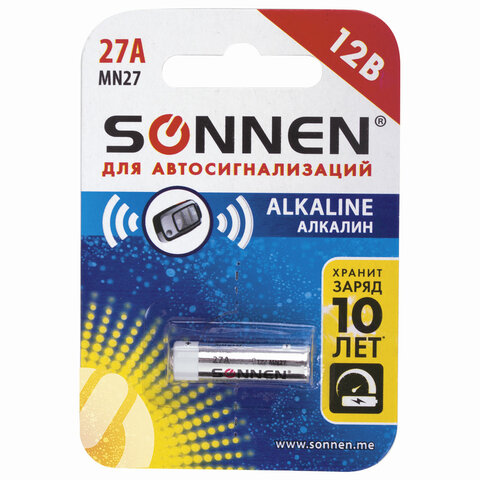 Батарейка SONNEN Alkaline, 27А (MN27), алкалиновая, для сигнализаций, 1 шт., в блистере,